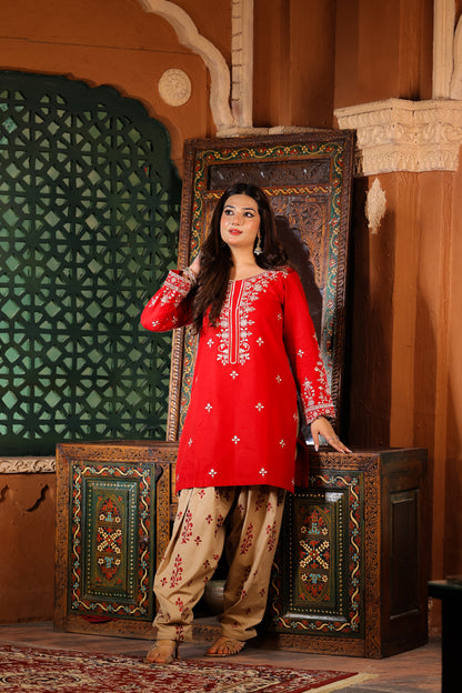 Elara - Red Embroidered Premium LawnTwo-Piece