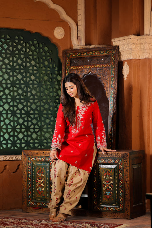 Elara - Red Embroidered Premium LawnTwo-Piece