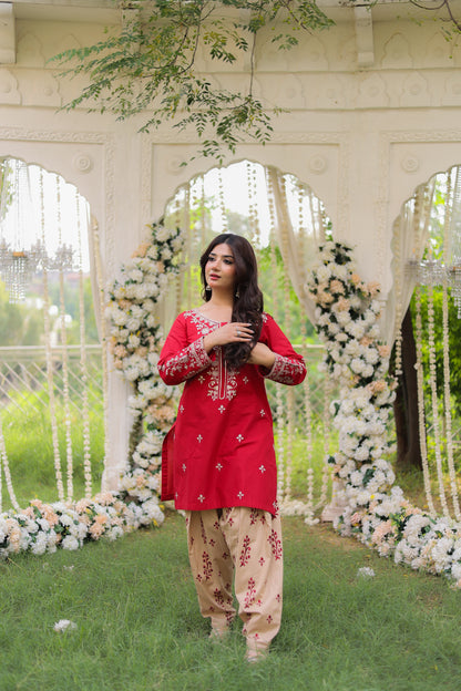 Elara - Red Embroidered Premium LawnTwo-Piece