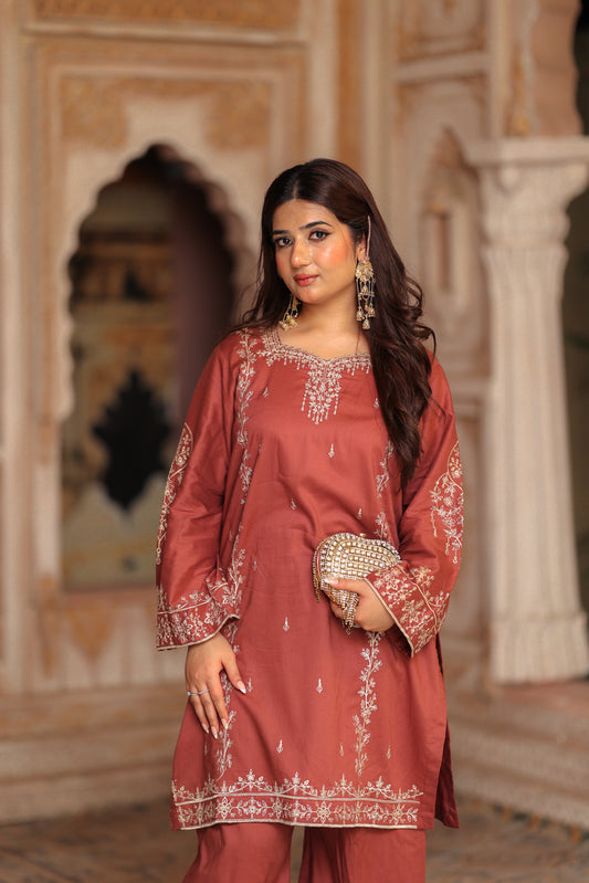 Ember - Rust/brown Embroidered Premium Lawn Two-Piece